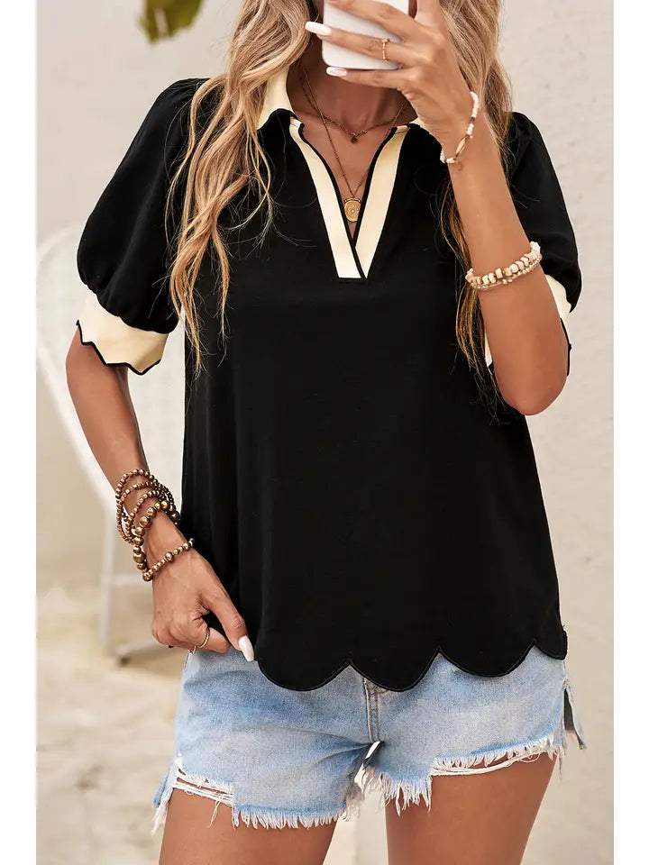 Color Contrast Collared V Neck Puff Sleeve Blouse