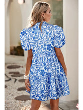Load image into Gallery viewer, Flower Print Puff Sleeve Blue Tiered Dress
