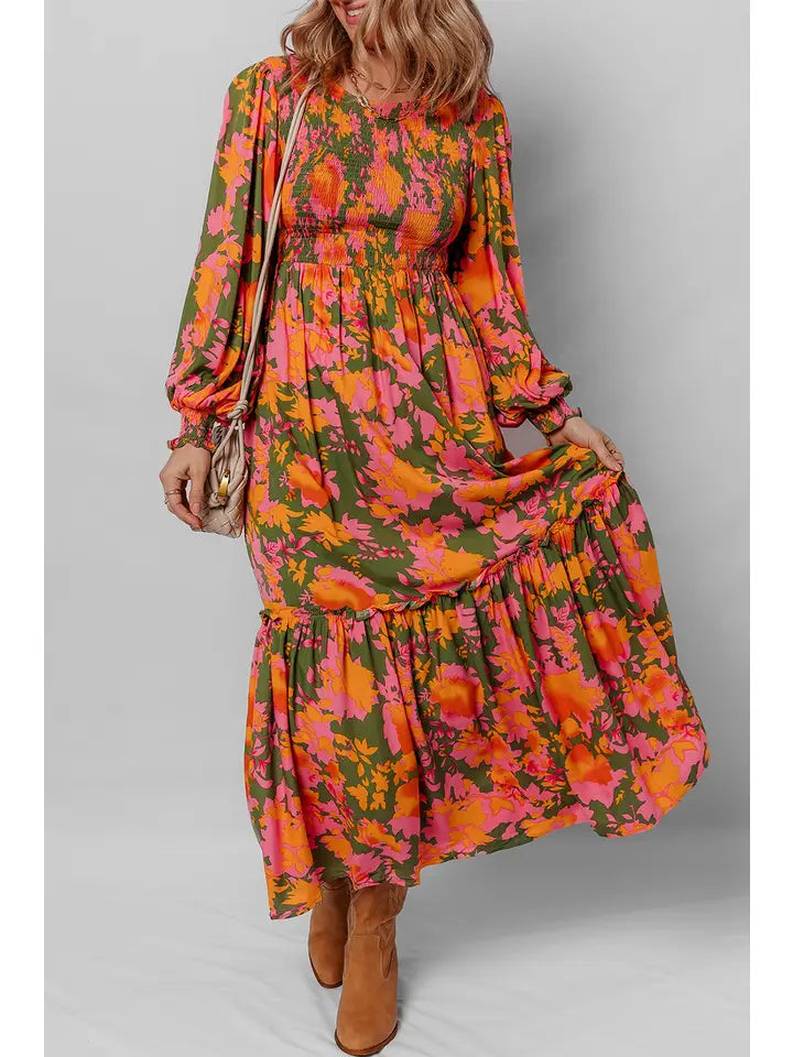 Floral Smocked Puff Sleeve Ruffled Long Dress