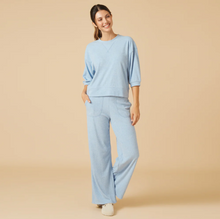 Load image into Gallery viewer, Heather Sky Blue Terry Cropped Sleeve Crew Neck with Wide Leg Plant
