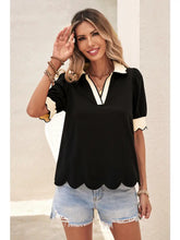 Load image into Gallery viewer, Color Contrast Collared V Neck Puff Sleeve Blouse
