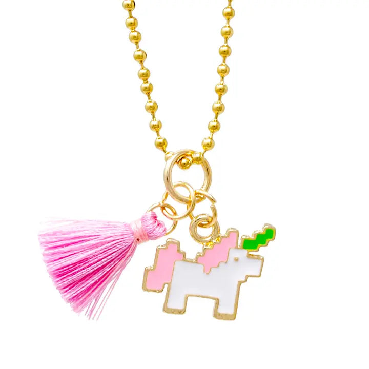 Pixel Unicorn & Tassel Gold Charm Necklaces