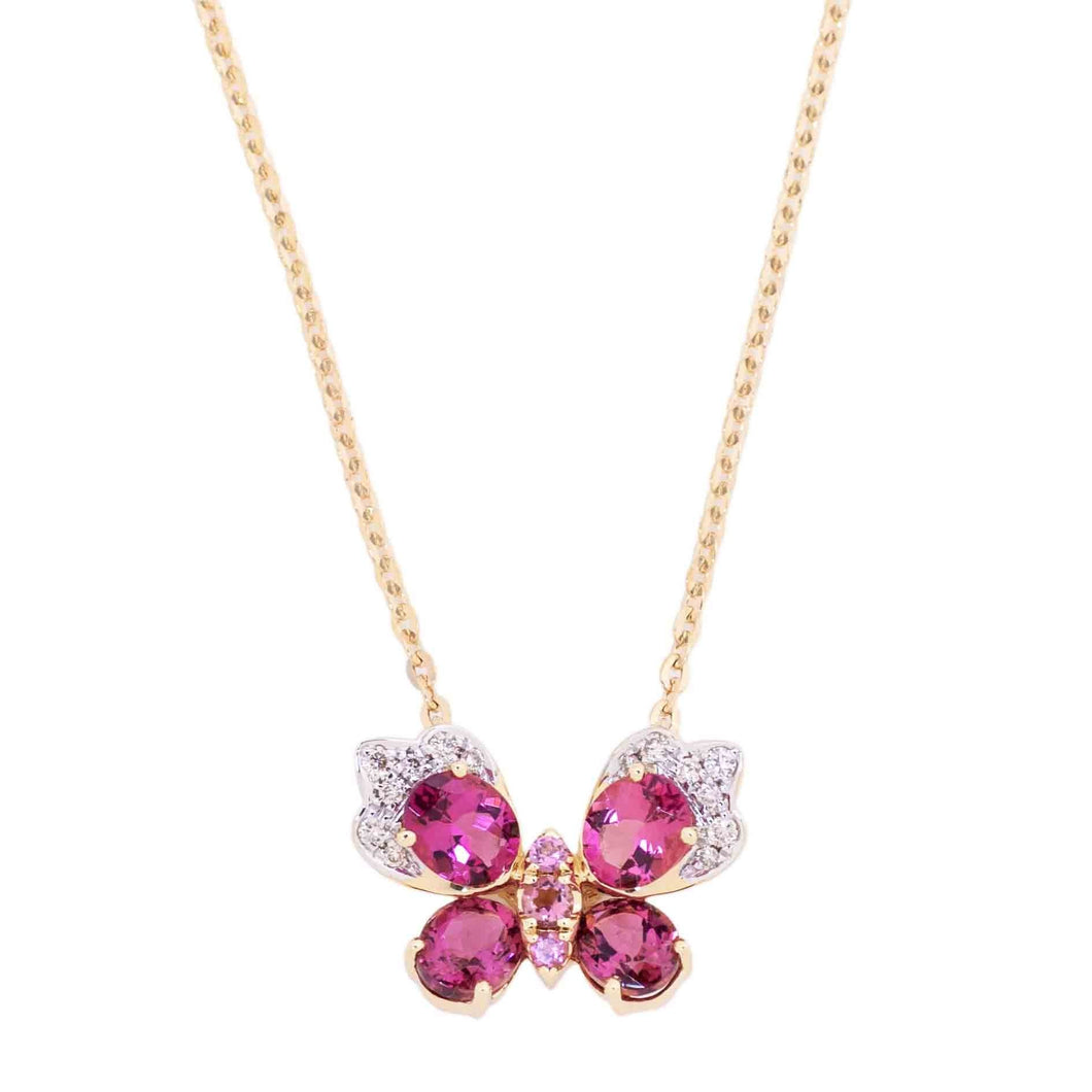 14K YG Pink Tourmaline and Diamond Butterfly Necklace, 3.59cts PT and 0.08cts RD