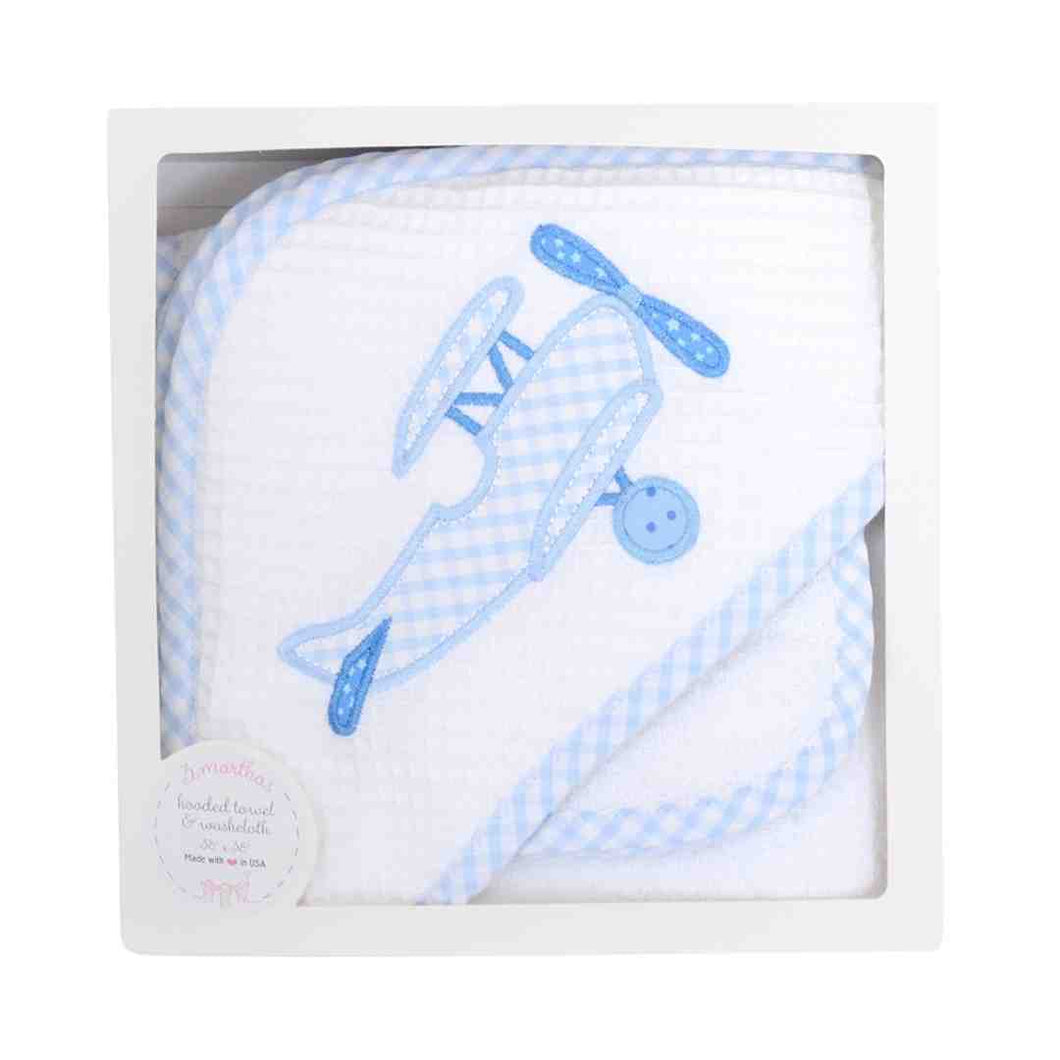 Blue Plane Hooded Towel & Washcloth Set
